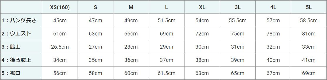 ドッジボール用レギュラーパンツサイズ表（XS、S、M、L、XL、3L、4L、5L）。